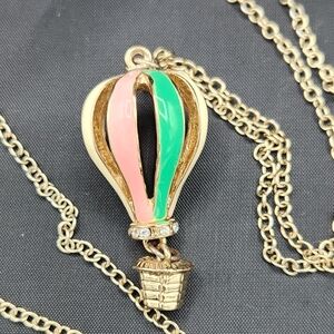 Hot Air Balloon Necklace Goldtone Chain Green Pink Cream Enamel & Rhinestones